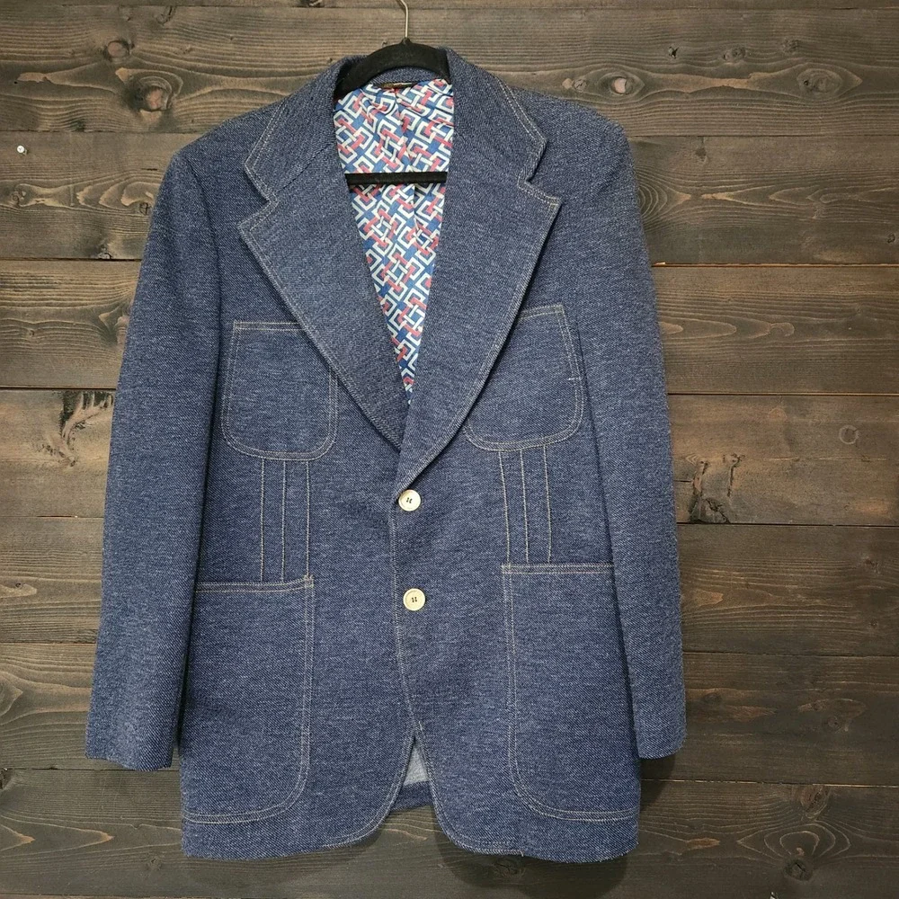 Vintage 60s 70s Western Sport Jacket Men's M Blue Polyester Denim Blazer
